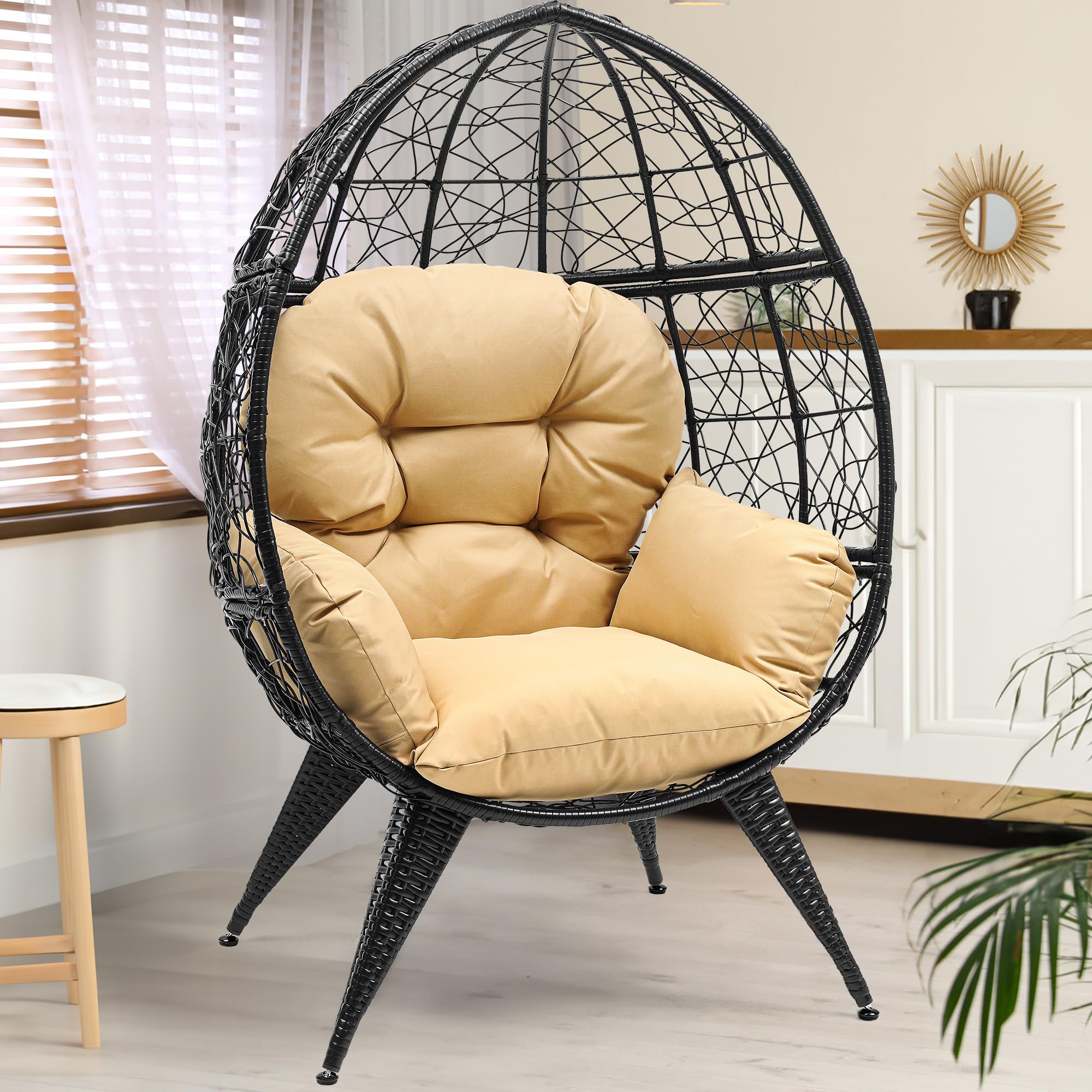 YITAHOME Egg Chair Wicker Outdoor Indoor Oversized Large Lounger with Stand Adjustable Leveling Feet Cushion Egg Basket Chair 350lbs Capacity for Patio, Garden Backyard Balcony, Beige