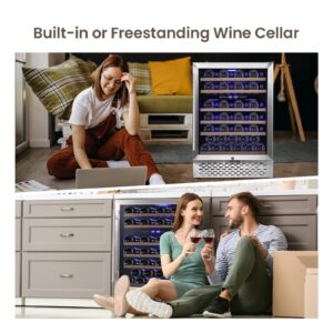 Wine Cooler Refrigerator 51 Bottles Compressor Dual Zone Built-in or Freestanding Fridge with Seamless Stainless Steel & Triple-Layer Tempered Reversible Glass Door and Temperature Memory Function