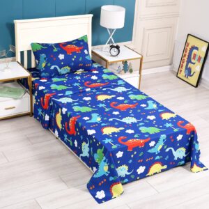 cloele dinosaur twin sheets set for boys - 3 piece blue kids bedding sheet set includes flat sheet fitted sheet pillowcase for twin beds - 100% polyester children bed sheet set for boys deep pocket