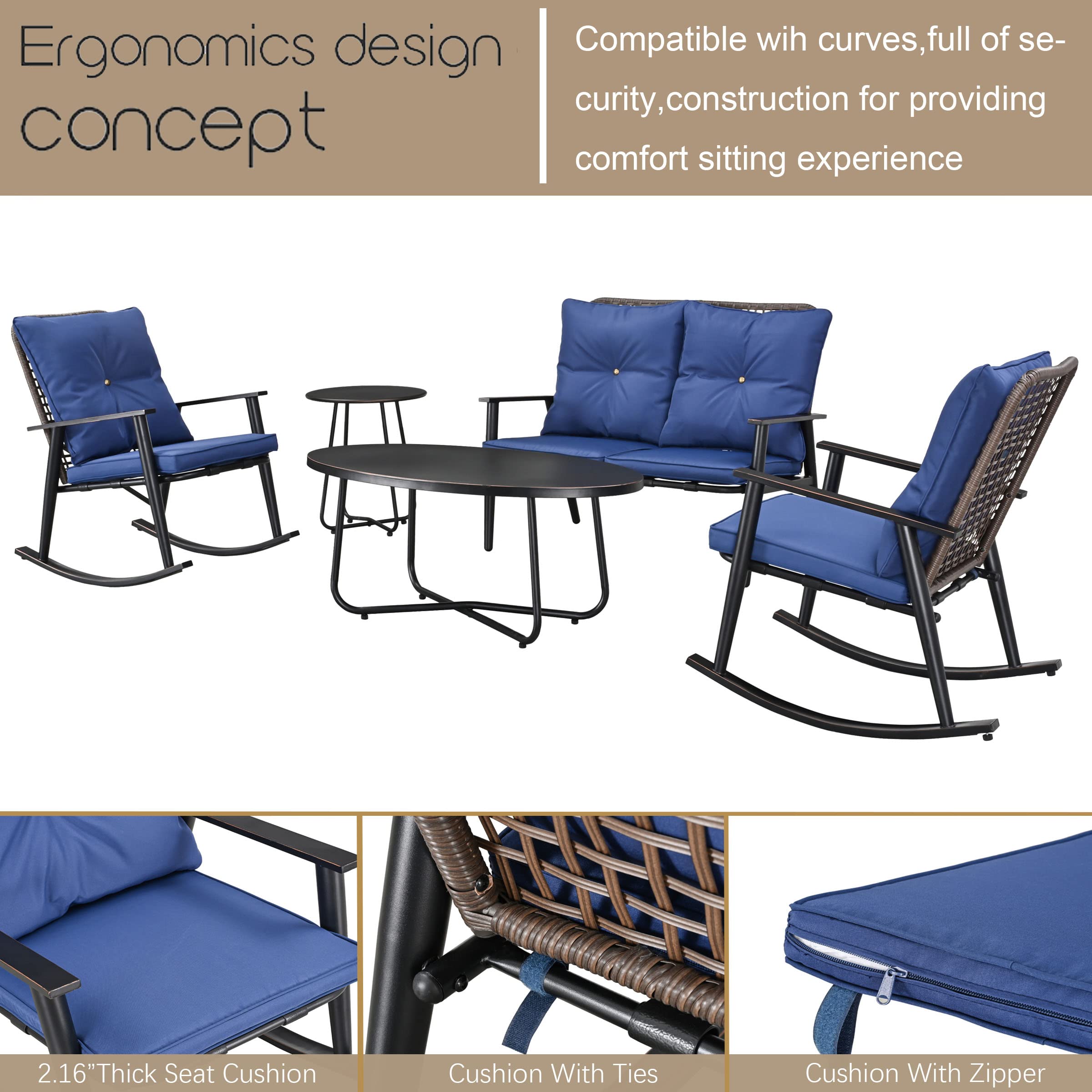 PatioFestival 5 Pieces Patio Conversation Sets Cushioned Outdoor Furniture Sets All Weather Frame with Wicker Back Rocking Chairs and 2 Metal Table, Blue