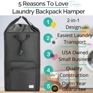 Terra Home College Essentials Travel Size Laundry Backpack - Portable, Durable, Foldable - Laundry Bag with Pockets for College Dorms - Extra Large Laundry Carrying Bag with Strap (Black)