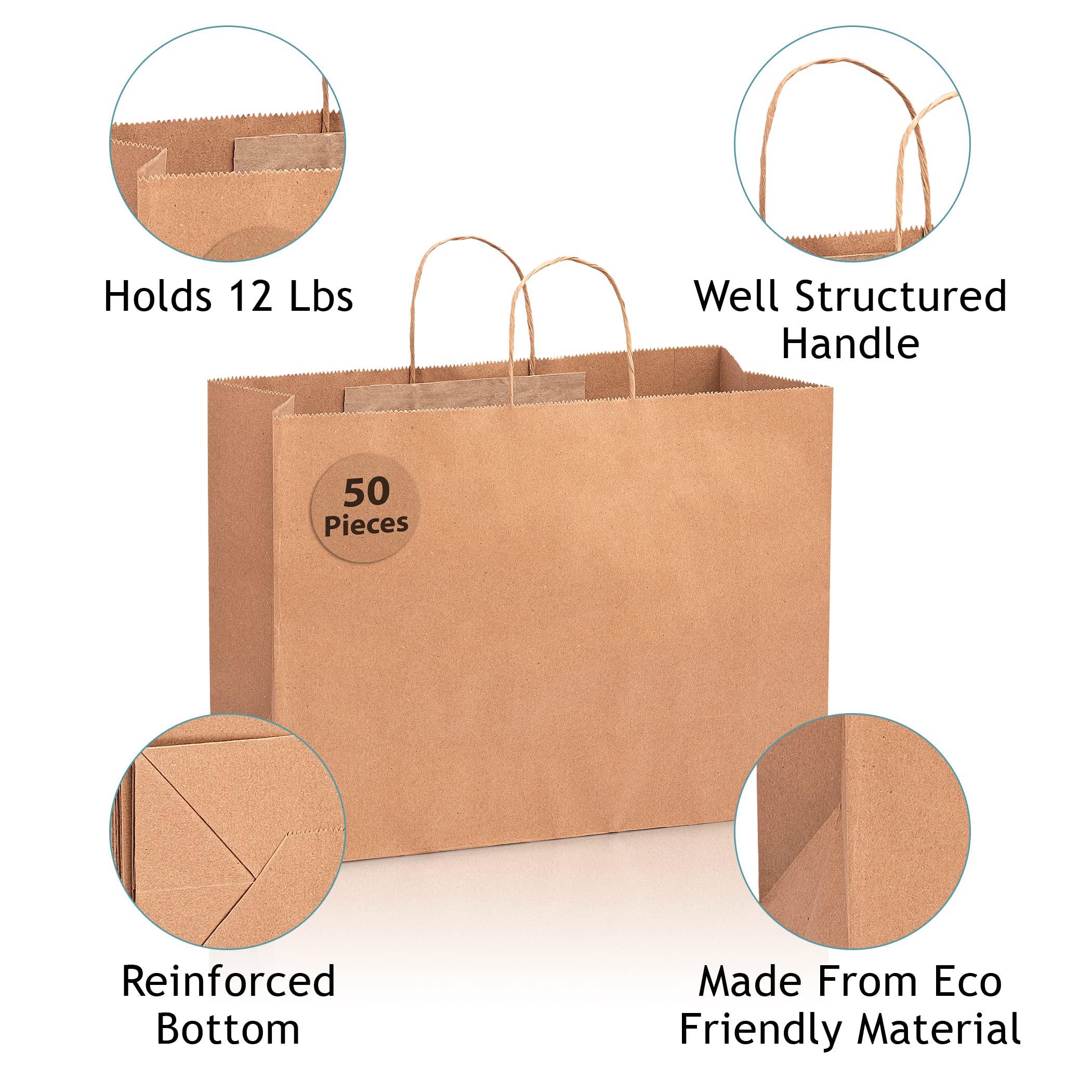 Bilinny Brown Paper Bags with Handles - Large Gift Bags with Handles - 16x6x12 Inches - 50 Pack Kraft Paper Bags - Paper Grocery Bags - Paper Bags for Small Business - Paper Shopping Bags with Handles