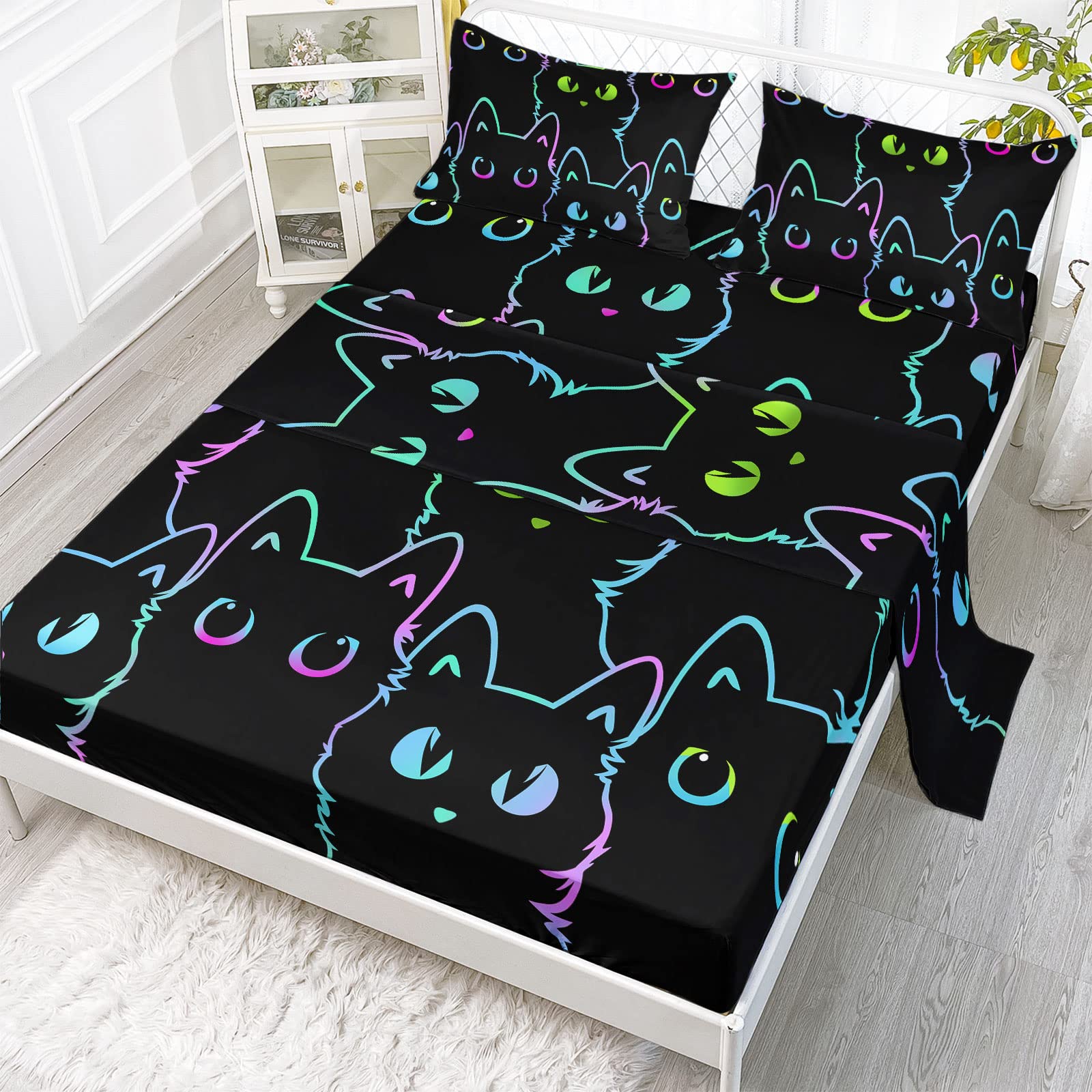 Axolotl Kids Bedding Cartoon Cat Sheet Set Twin Size,Gradient Line Cute Cat Bedding Set,4Pcs Kawaii Cat Bed Sets with 1 Fitted Sheet 1 Flat Sheet 2 Pillowcases for Kids Boys Girls Adults Teens,Black