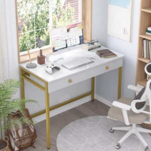 Weehom Computer Desk with Drawers, Home Office Desk for Writing, Studying, and Gaming - Sturdy and Spacious Workstation for PC and Laptop(White and Gold)