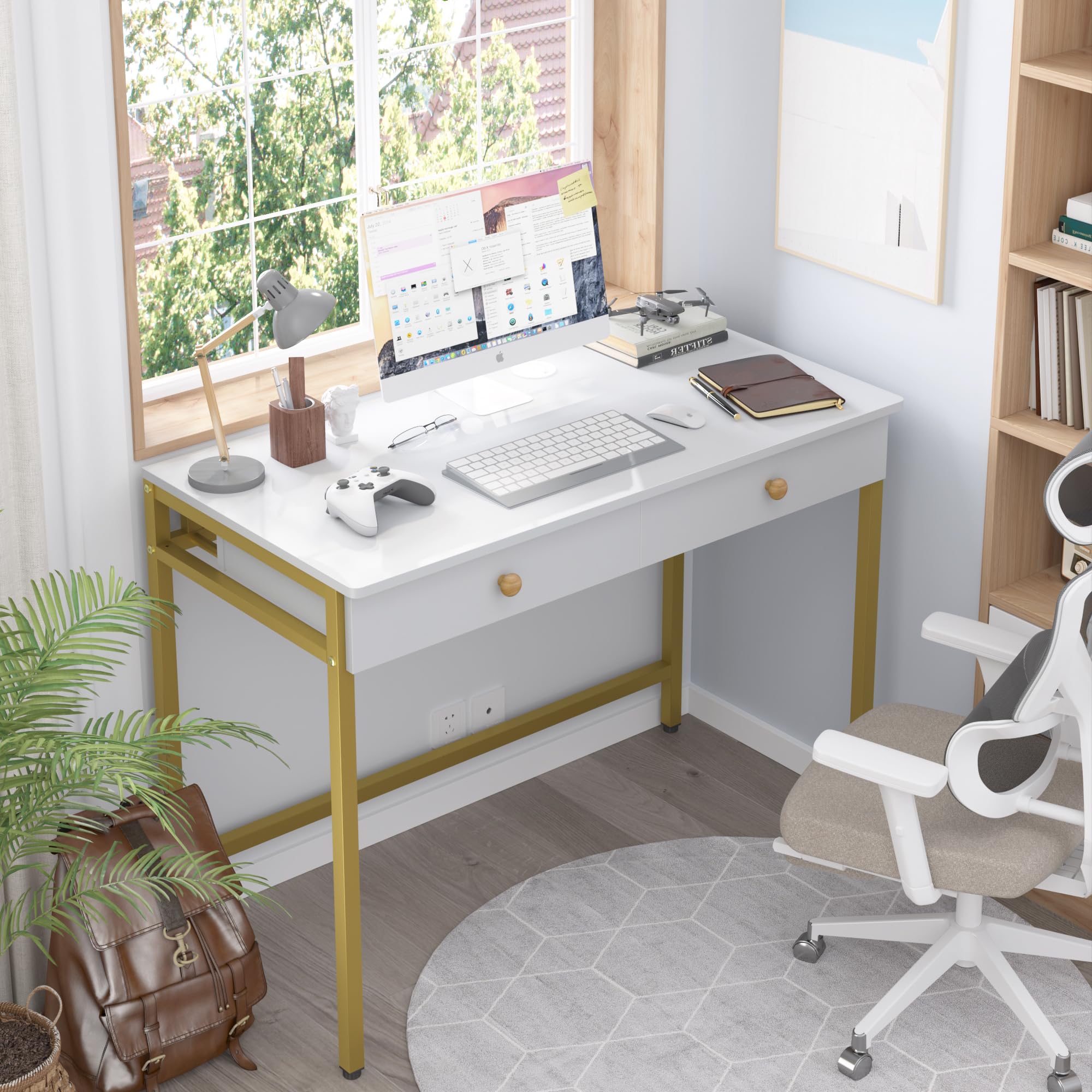 Weehom Computer Desk with Drawers, Home Office Desk for Writing, Studying, and Gaming - Sturdy and Spacious Workstation for PC and Laptop(White and Gold)