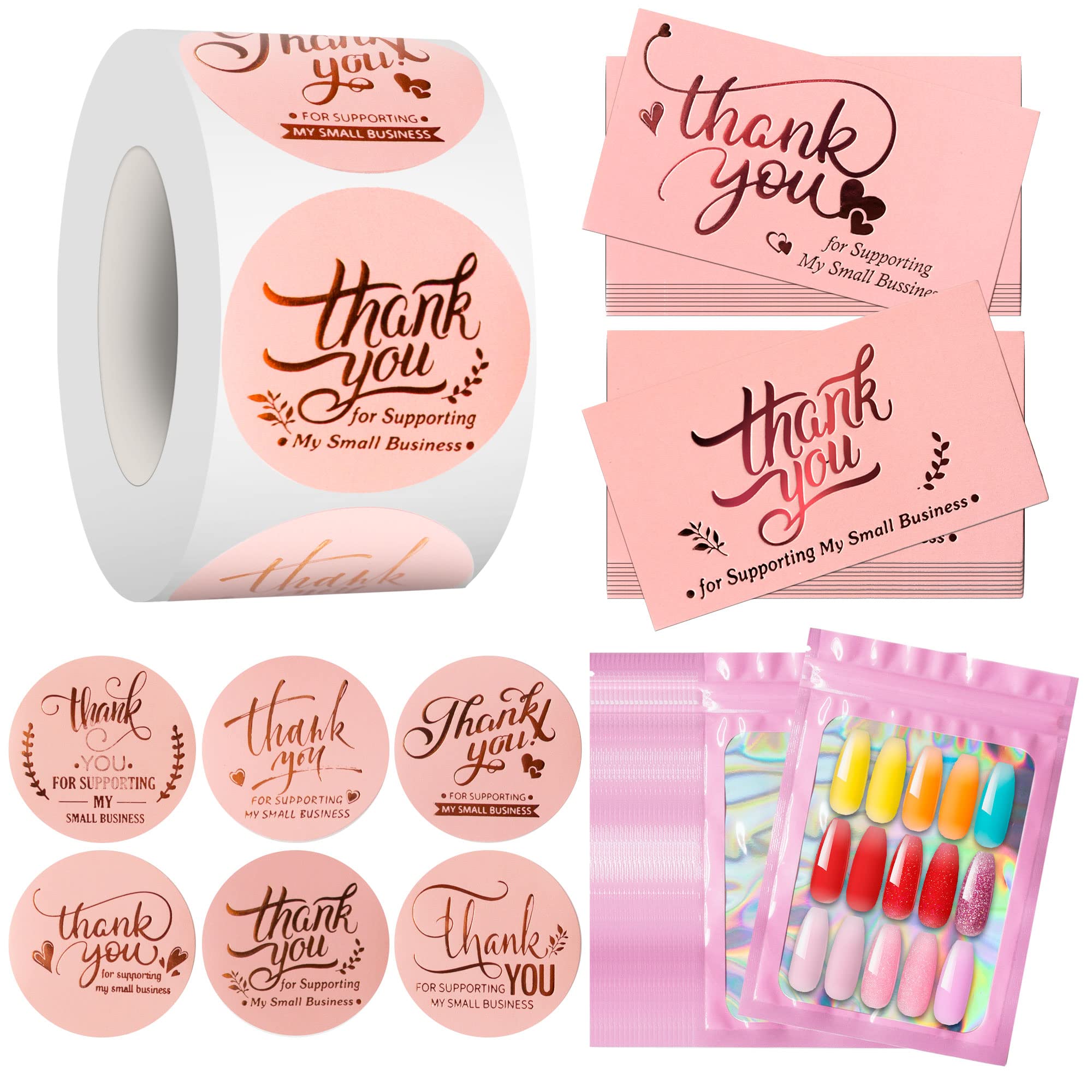 620PCS Thank You Cards Stickers and Bags, Pink Gold Foil Thank You for Supporting My Small Business Stickers and Cards Set with Resealable Packaging Bag for Envelope Seal Retail Business Owners