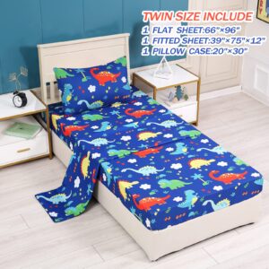 Cloele Dinosaur Twin Sheets Set for Boys - 3 Piece Blue Kids Bedding Sheet Set Includes Flat Sheet Fitted Sheet Pillowcase for Twin Beds - 100% Polyester Children Bed Sheet Set for Boys Deep Pocket