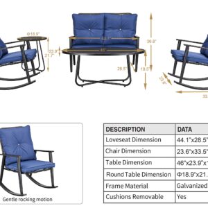 PatioFestival 5 Pieces Patio Conversation Sets Cushioned Outdoor Furniture Sets All Weather Frame with Wicker Back Rocking Chairs and 2 Metal Table, Blue