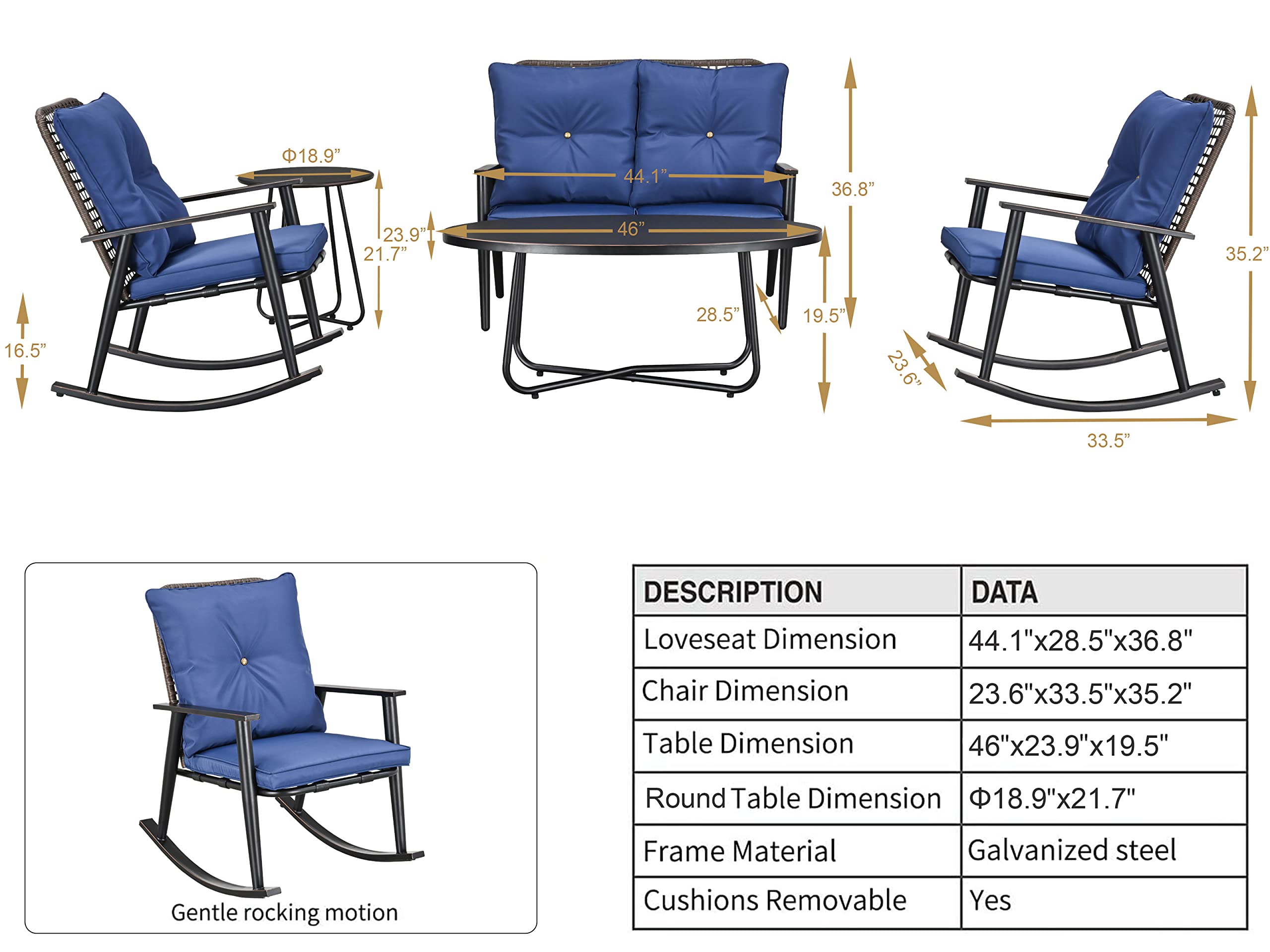 PatioFestival 5 Pieces Patio Conversation Sets Cushioned Outdoor Furniture Sets All Weather Frame with Wicker Back Rocking Chairs and 2 Metal Table, Blue