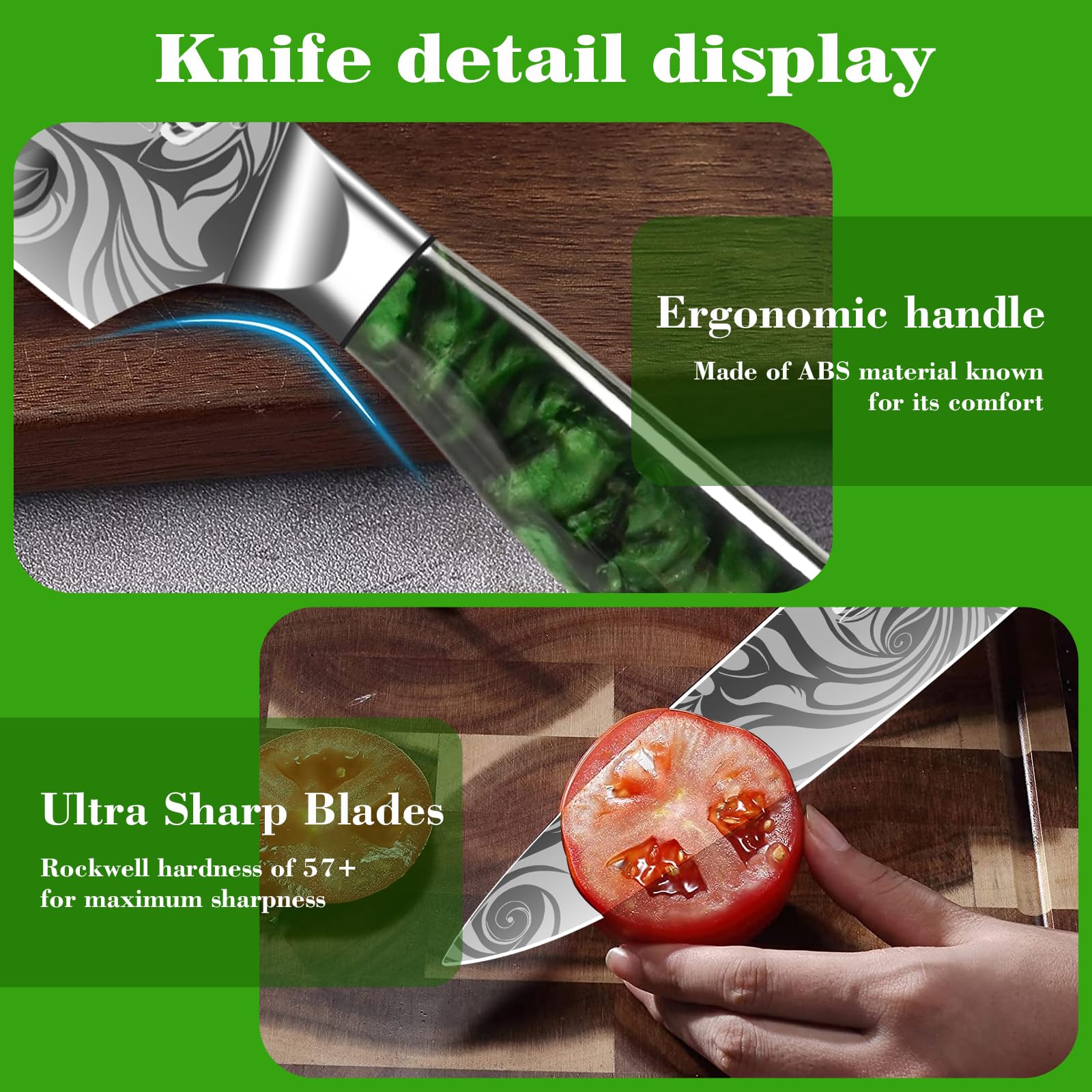 Chef Knife Set for Kitchen, 3Pcs German Carbon Stainless Steel Kitchen Knife, Professional Chefs Knife Set Ultra Sharp Chef Knife for Home, Restaurant (Green Handle)