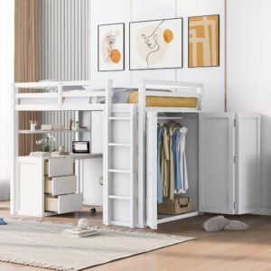 merax loft bed full size adult, wooden frame with desk and wardrobe, storage design with drawers & shelf, for teen girls & boys(white)