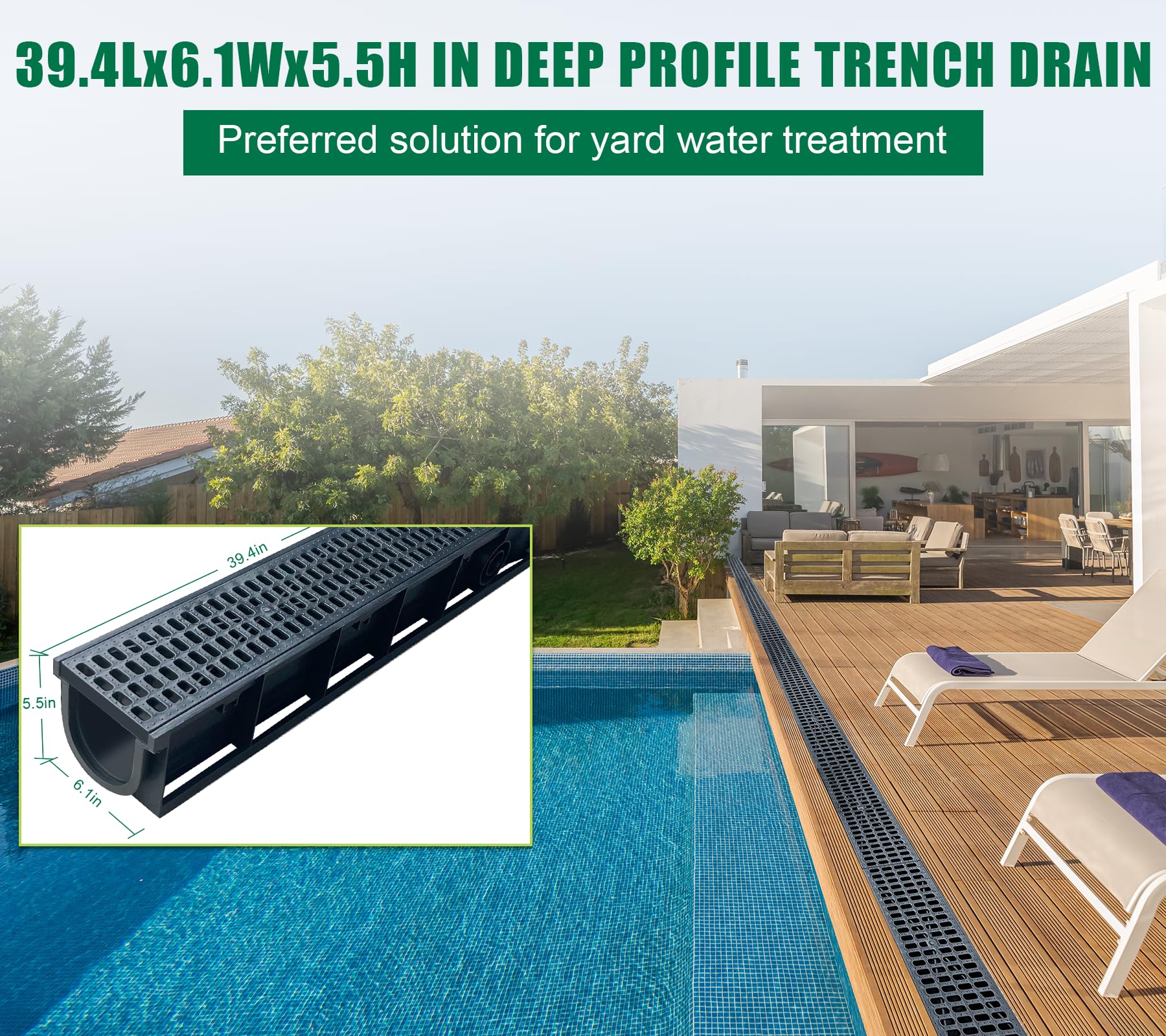 Natotela Deep Profile HDPE Trench Drain-39.4Lx6.1Wx5.5H in. Channel Drain with Grates,6 Pack Total Length 236.22 in, Plastic Trench Drain System for Outdoor,Downspout,Yard Fence,Pool,Sidewalk,Patio