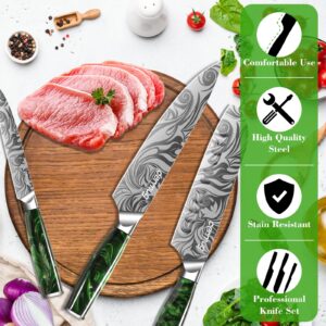 Chef Knife Set for Kitchen, 3Pcs German Carbon Stainless Steel Kitchen Knife, Professional Chefs Knife Set Ultra Sharp Chef Knife for Home, Restaurant (Green Handle)