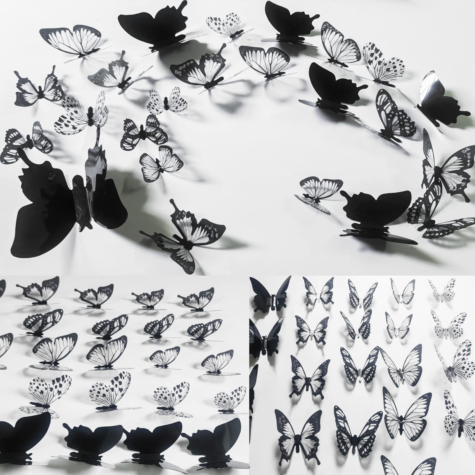 Ewong 3D Butterfly Wall Decor - 66Pcs Black Butterfly Decoration Party Cake Decorations - Removable Waterproof Butterfly Wall Decal Birthday Home Room Decor Bathroom Bedroom Sticker & Murals