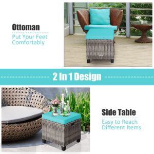 ORALNER Set of 2 Outdoor Ottoman, 16” Wicker Foot Stools, All-Weather Rattan Cube Footstool w/Removable Cushions, Square Footrest Extra Seating for Patio, Porch, Deck, Easy Assembly (Turquoise)