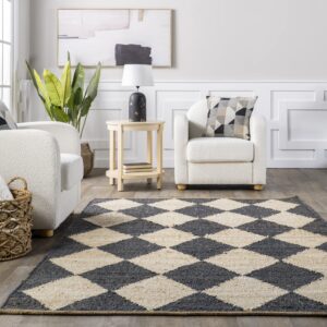 Rugs USA x Arvin Olano Louie Diamond Checkerboard Jute Area Rug, 8x10, Charcoal