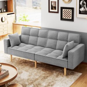 Assile 78" W Futon Couch Sofa with Heavy Duty Foundation and Thicken Wood Leg - Easy Assembly and Stylish Sofa Bed for Living Room and Bedroom in Light Grey