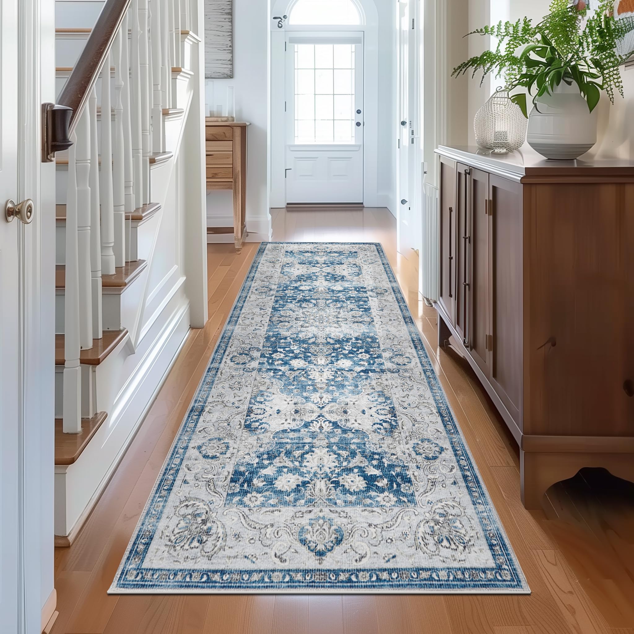 jinchan Runner Rug 2x10 Area Rug Blue Floral Rug Soft Rug Distressed Vintage Retro Rug Indoor Non Slip Carpet Kitchen Living Room Bedroom Dining Room