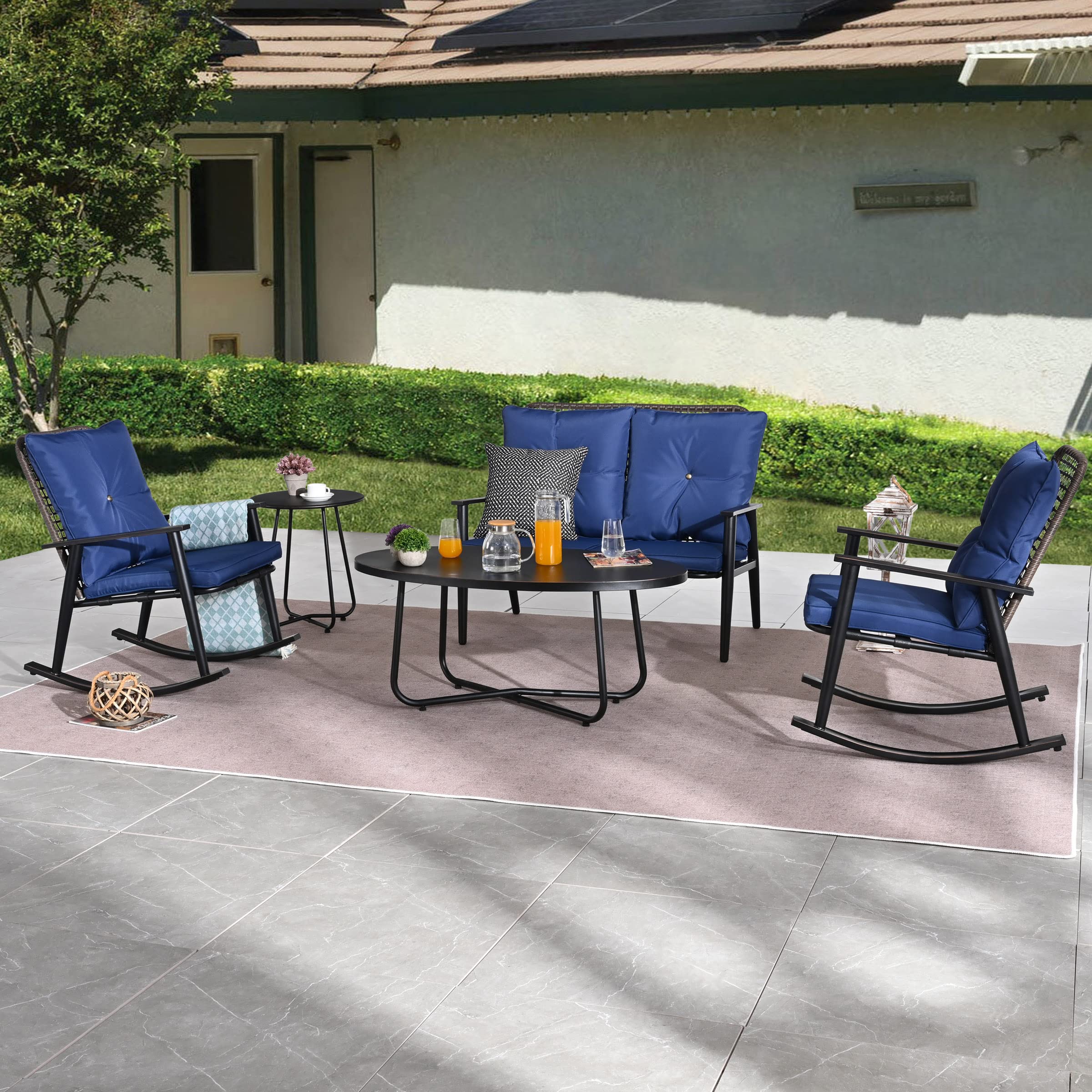 PatioFestival 5 Pieces Patio Conversation Sets Cushioned Outdoor Furniture Sets All Weather Frame with Wicker Back Rocking Chairs and 2 Metal Table, Blue