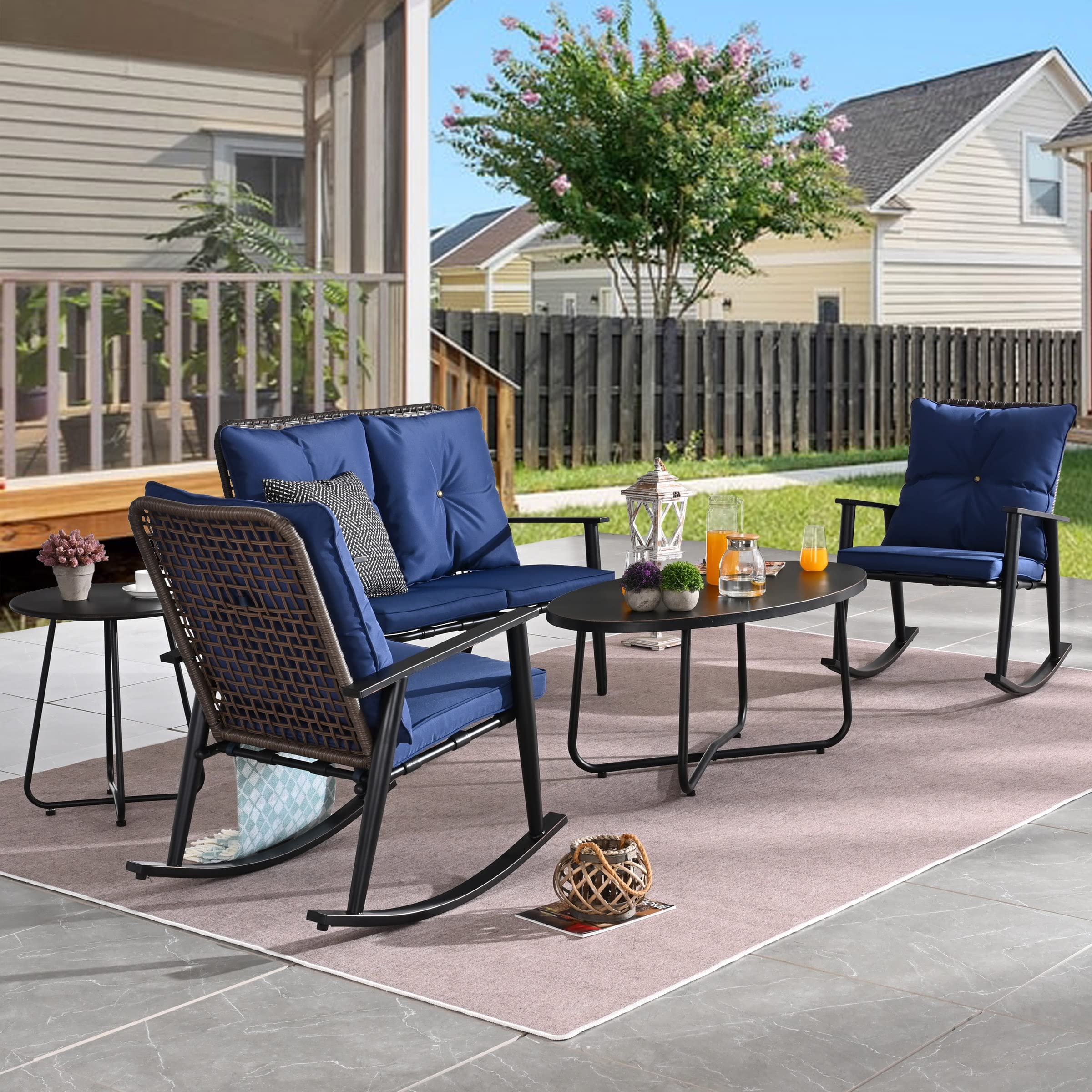 PatioFestival 5 Pieces Patio Conversation Sets Cushioned Outdoor Furniture Sets All Weather Frame with Wicker Back Rocking Chairs and 2 Metal Table, Blue