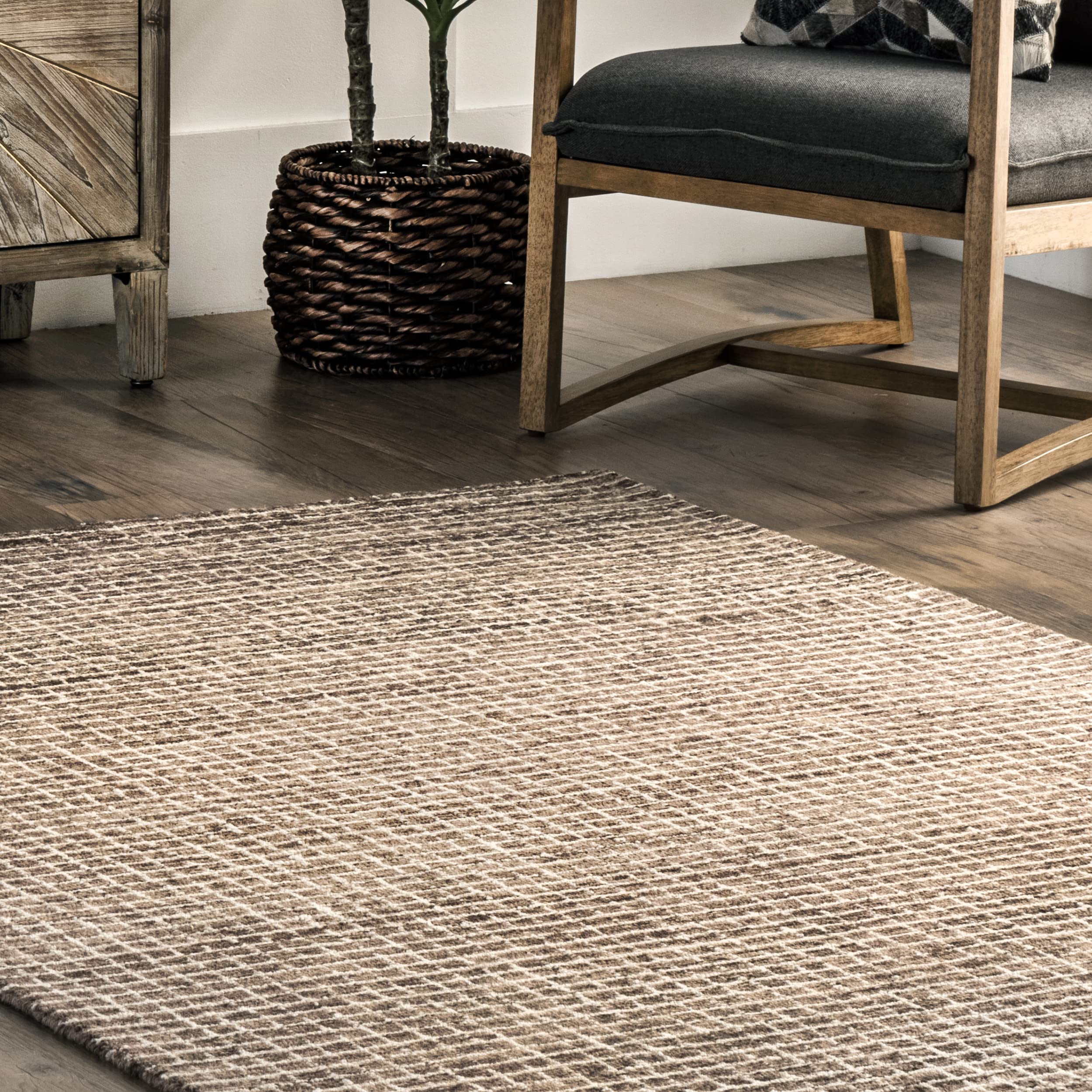 Rugs USA x Arvin Olano Melrose Checked Wool Area Rug - 5x8 Area Rug Farmhouse Brown/Ivory for Living Room Bedroom Dining Room Kitchen