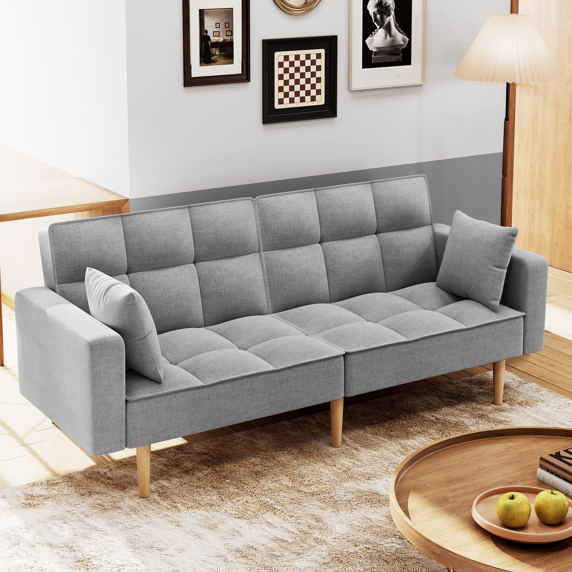 Assile 78" W Futon Couch Sofa with Heavy Duty Foundation and Thicken Wood Leg - Easy Assembly and Stylish Sofa Bed for Living Room and Bedroom in Light Grey