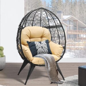 YITAHOME Egg Chair Wicker Outdoor Indoor Oversized Large Lounger with Stand Adjustable Leveling Feet Cushion Egg Basket Chair 350lbs Capacity for Patio, Garden Backyard Balcony, Beige