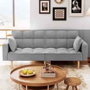 Assile 78" W Futon Couch Sofa with Heavy Duty Foundation and Thicken Wood Leg - Easy Assembly and Stylish Sofa Bed for Living Room and Bedroom in Light Grey