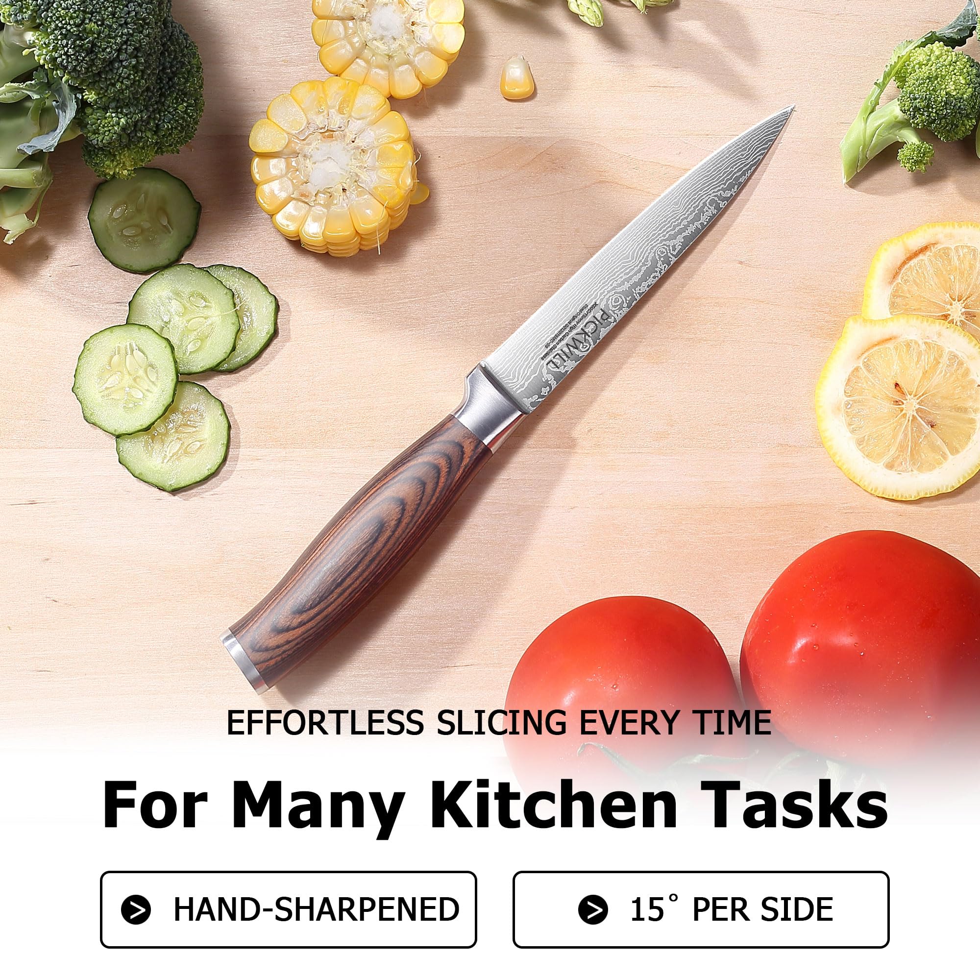 PICKWILL 5 Inch Kitchen Utility Knife with Sheath, Multi-purpose Small Chef Knife with Ergonomic Pakkawood Handle, 5Cr15MoV stainless steel Knives for Cutting Meat, Fruit & Vegetable