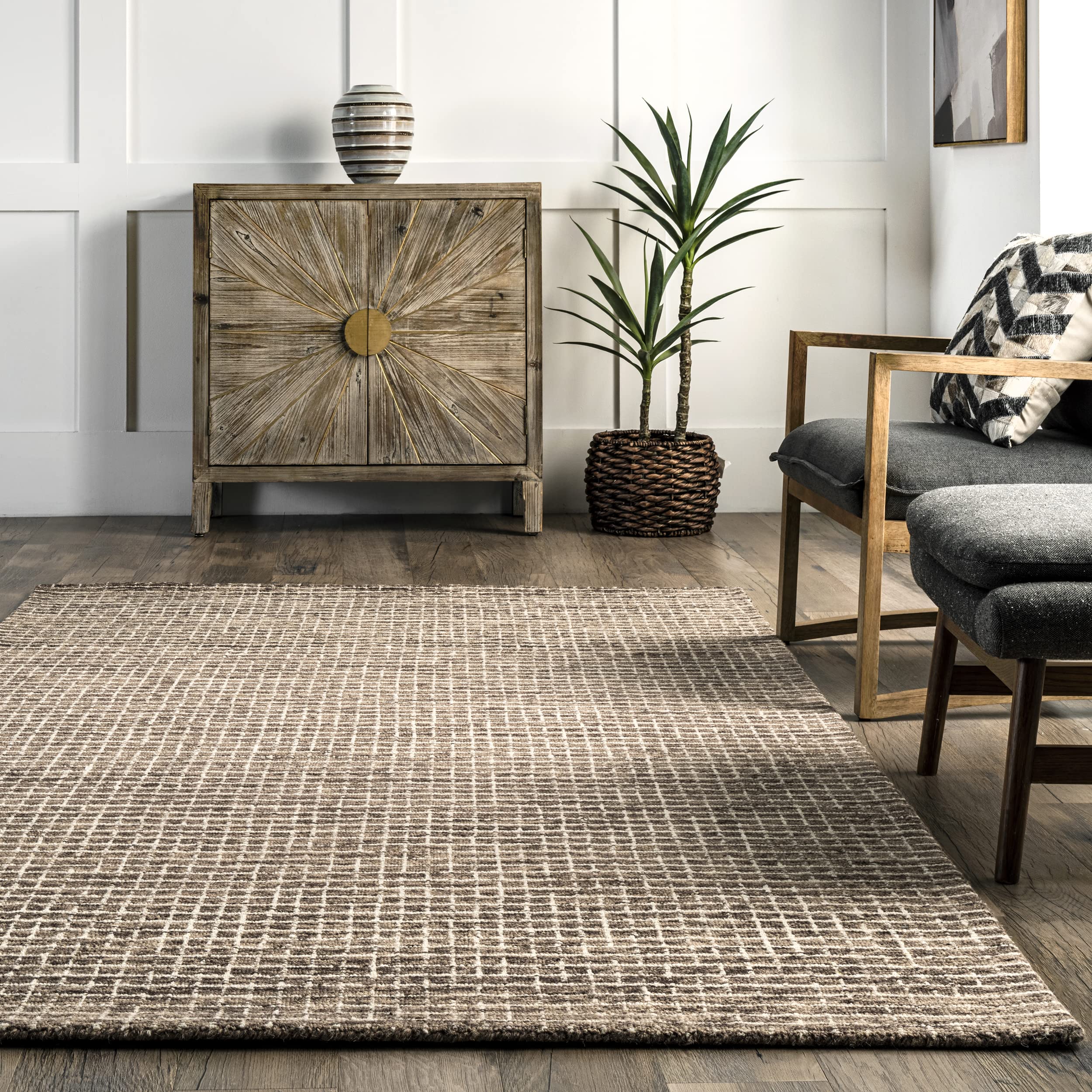 Rugs USA x Arvin Olano Melrose Checked Wool Area Rug - 5x8 Area Rug Farmhouse Brown/Ivory for Living Room Bedroom Dining Room Kitchen