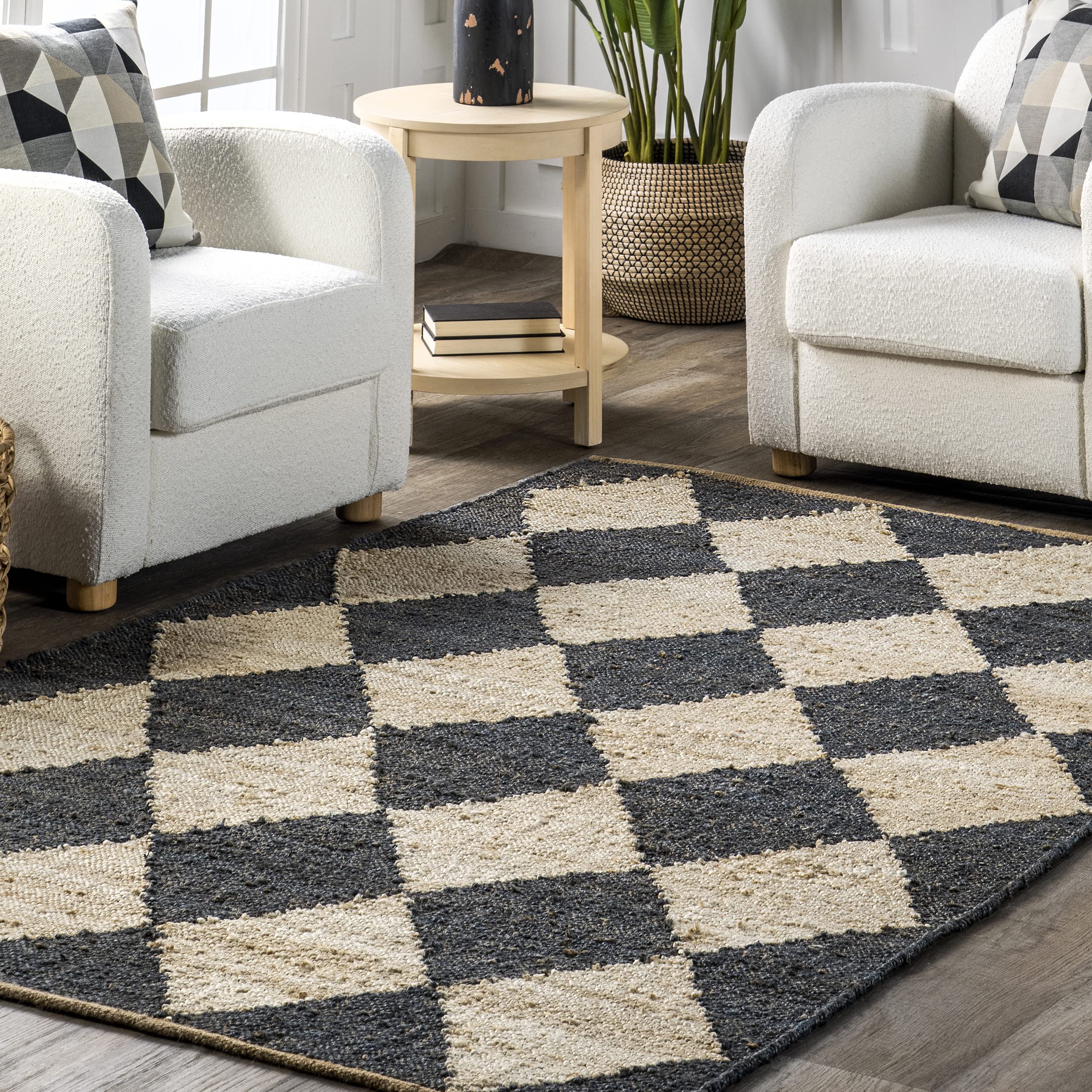 Rugs USA x Arvin Olano Louie Diamond Checkerboard Jute Area Rug, 8x10, Charcoal