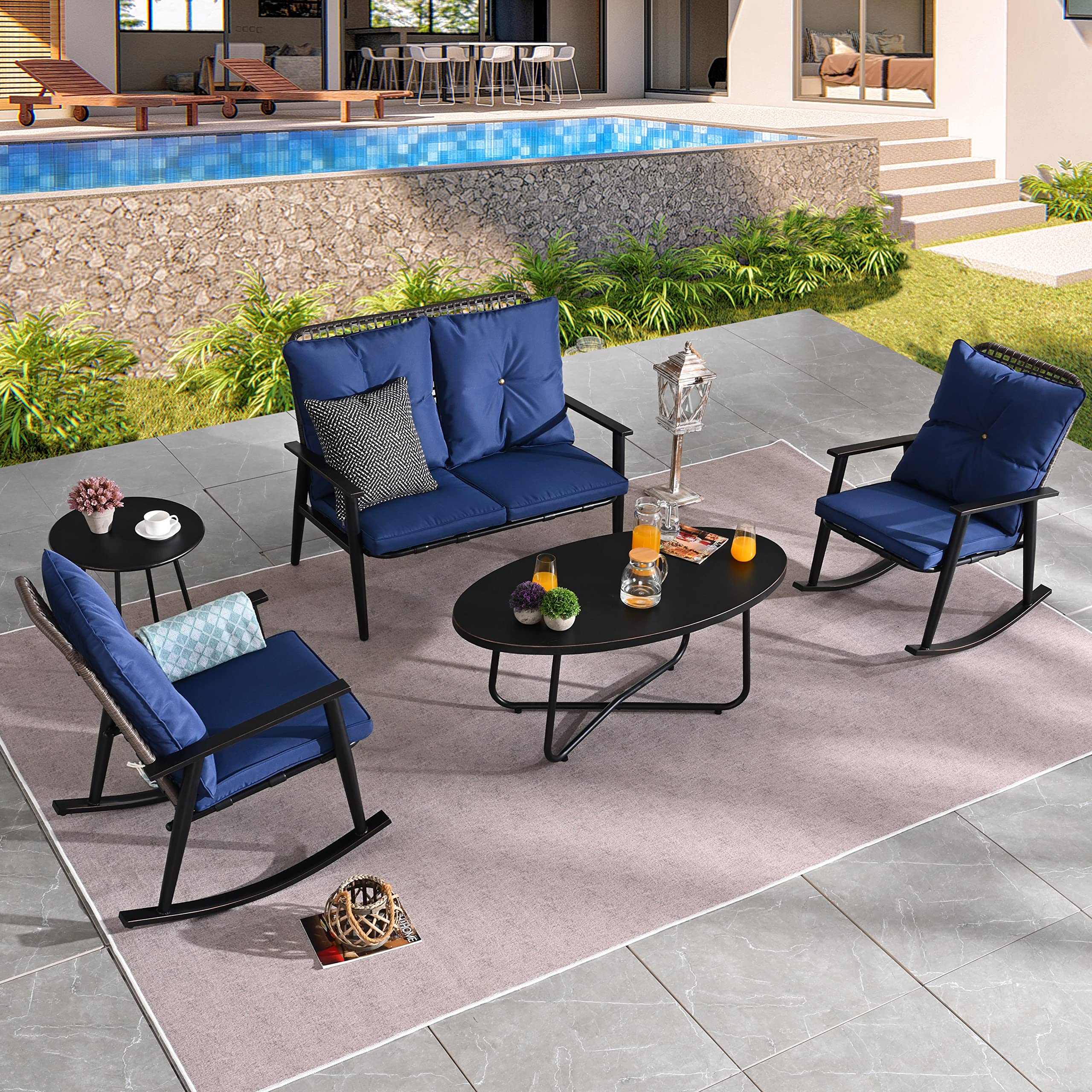 PatioFestival 5 Pieces Patio Conversation Sets Cushioned Outdoor Furniture Sets All Weather Frame with Wicker Back Rocking Chairs and 2 Metal Table, Blue