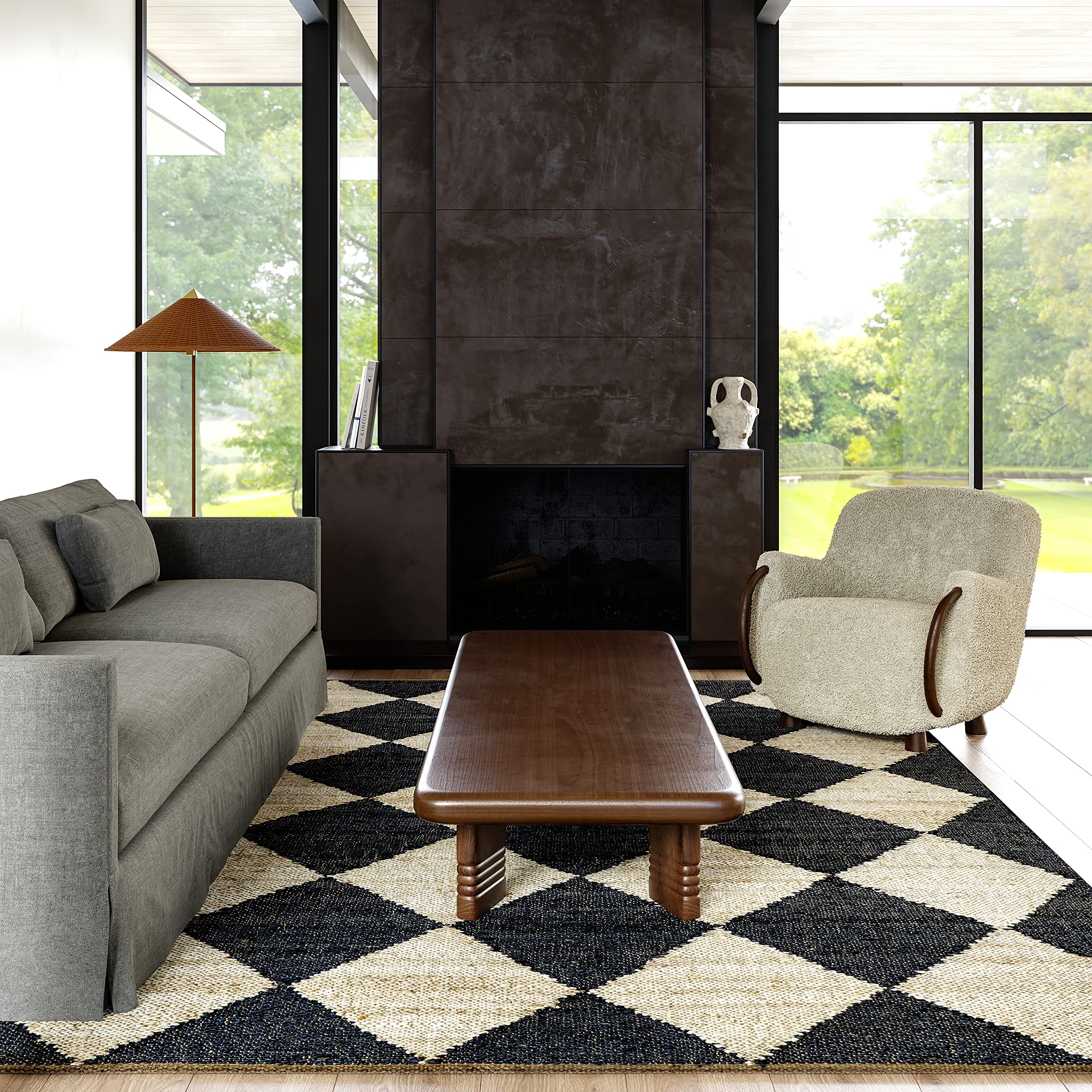 Rugs USA x Arvin Olano Louie Diamond Checkerboard Jute Area Rug, 8x10, Charcoal