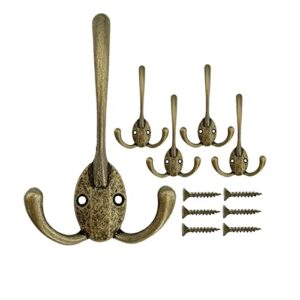 mokife 5 pack coat hooks vintage triple wall hook heavy duty metal entrance hook for hanging clothes jackets robes towels hats keys bags cups, bronze