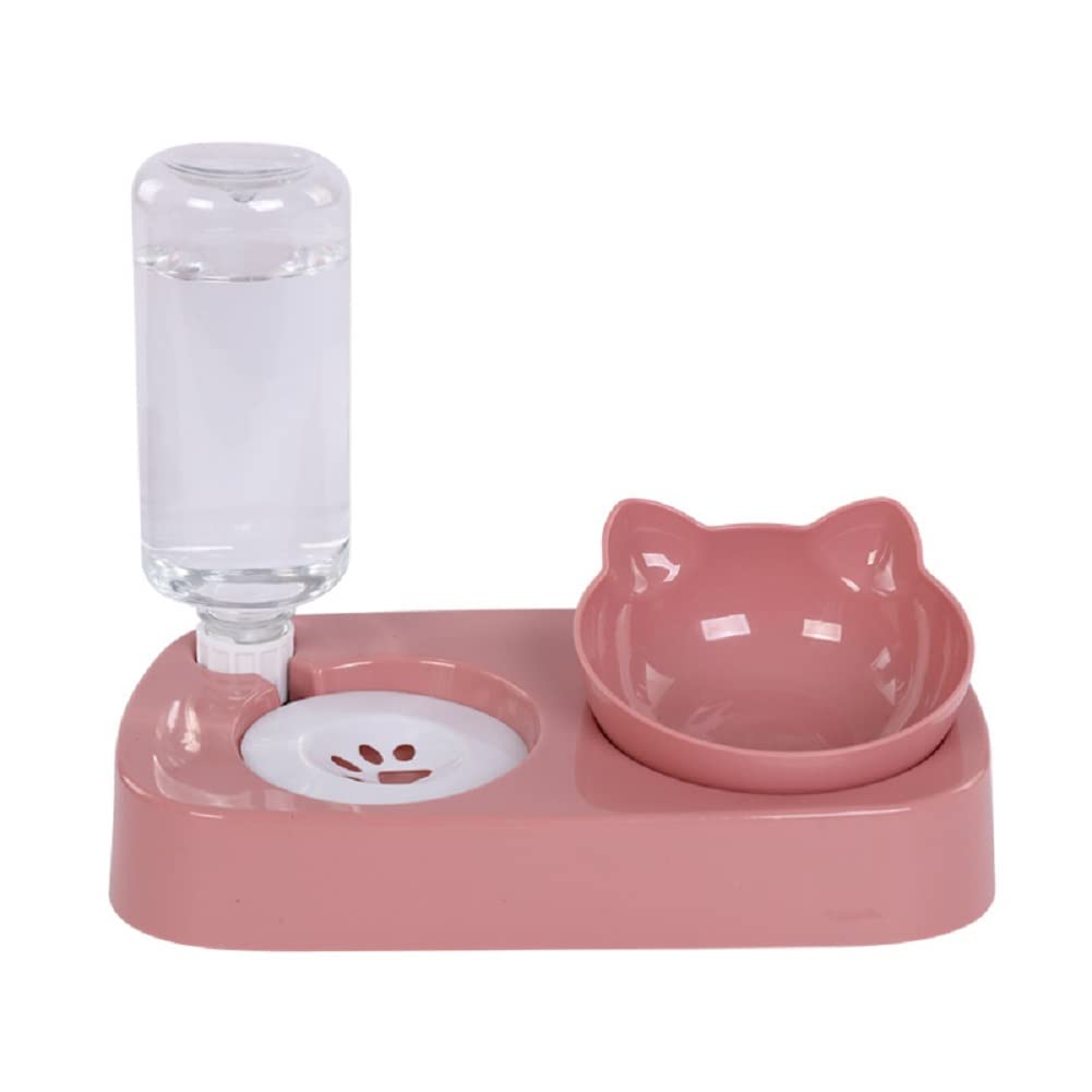 Pet Food Bowl and Water Bottle Set, Double Cat Dog Food Bowl with Automatic Gravity Water Dispenser Bottle, Detachable Tilted Raised Food Bowl for Small Medium Size Puppy Pet Dogs Cats (Pink)