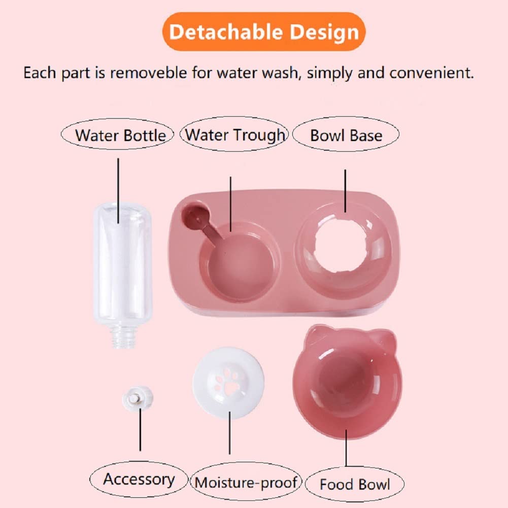 Pet Food Bowl and Water Bottle Set, Double Cat Dog Food Bowl with Automatic Gravity Water Dispenser Bottle, Detachable Tilted Raised Food Bowl for Small Medium Size Puppy Pet Dogs Cats (Pink)