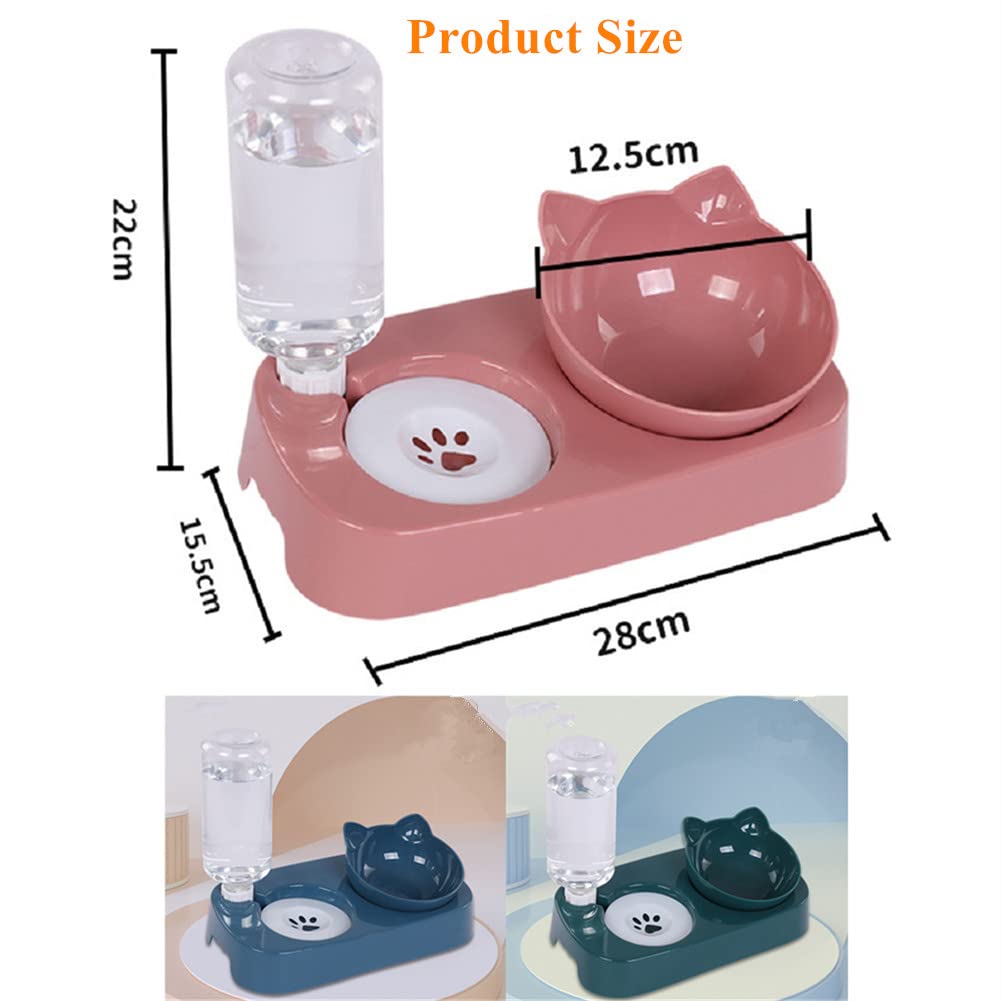 Pet Food Bowl and Water Bottle Set, Double Cat Dog Food Bowl with Automatic Gravity Water Dispenser Bottle, Detachable Tilted Raised Food Bowl for Small Medium Size Puppy Pet Dogs Cats (Pink)