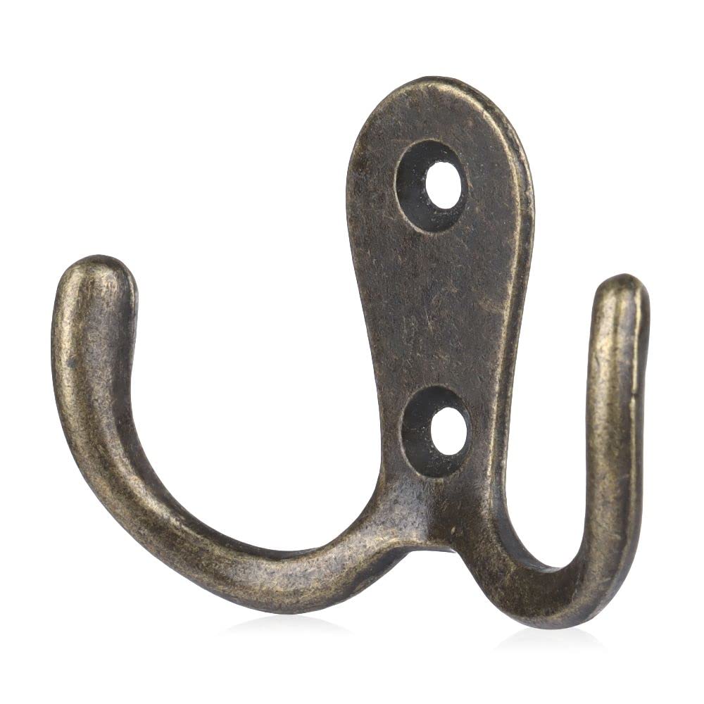 10pcs Metal Antique Hooks Double Prong Wall Door Coat Hanger Retro Key Holder Hat Bag Clothes Towel Organizer Shelf Storage(2.16inch,Bronze Tone)