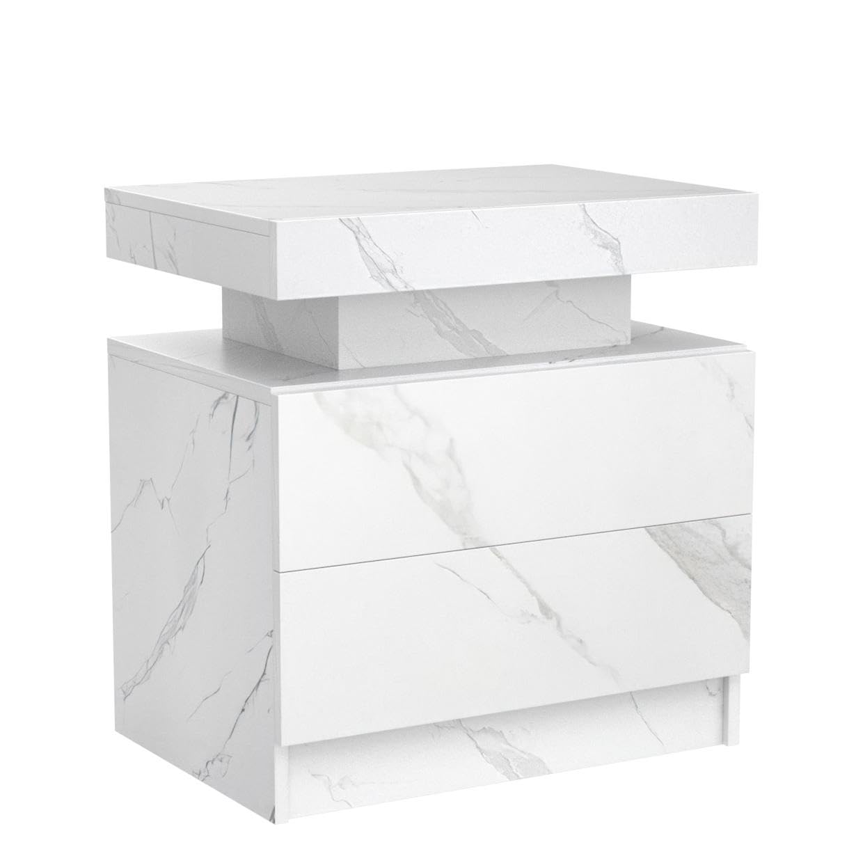 DobleCliCli LED Nightstands, Modern End Side Table with 2 Drawers, LED Bedroom Furniture for Bedroom and Living Room, White Marble Pattern