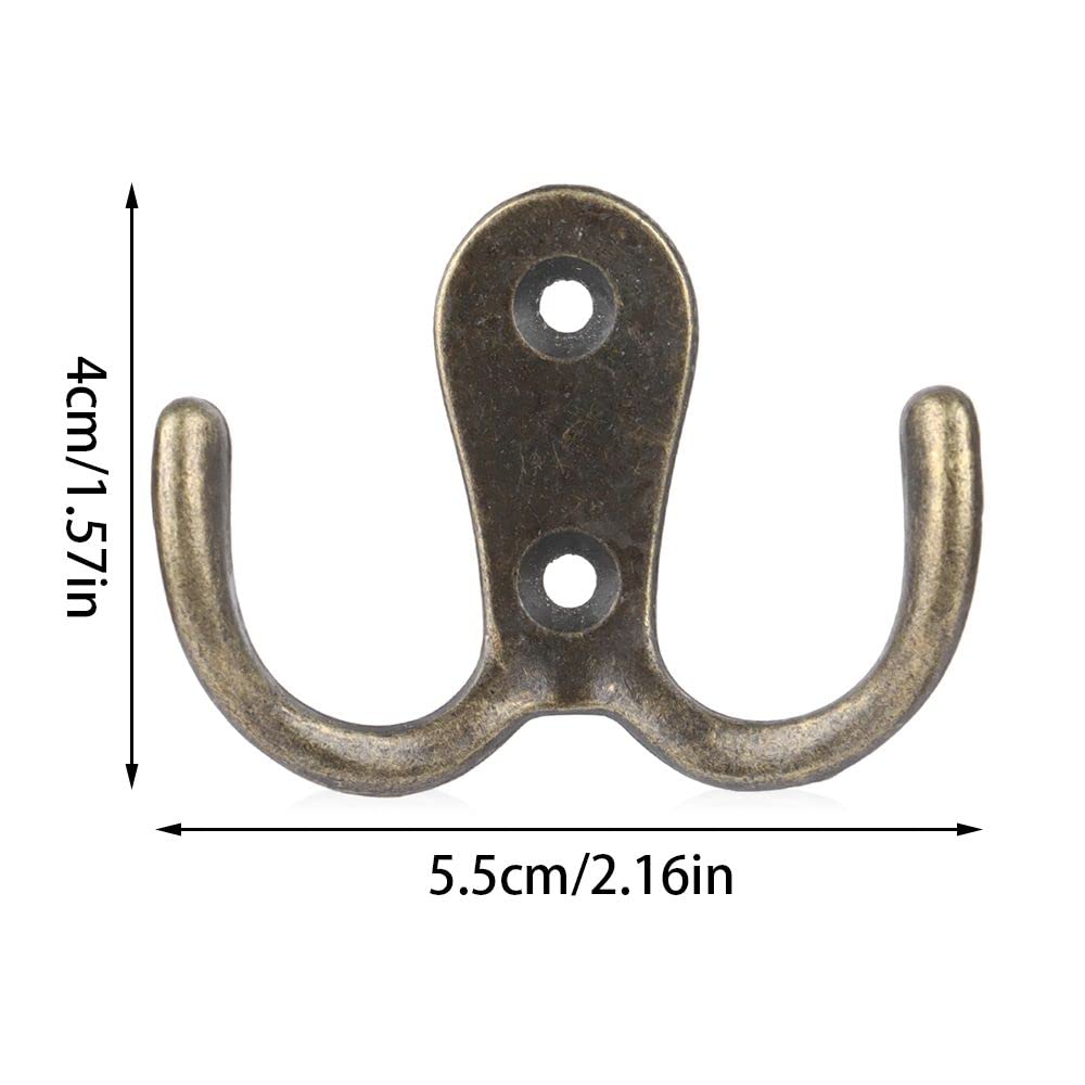 10pcs Metal Antique Hooks Double Prong Wall Door Coat Hanger Retro Key Holder Hat Bag Clothes Towel Organizer Shelf Storage(2.16inch,Bronze Tone)