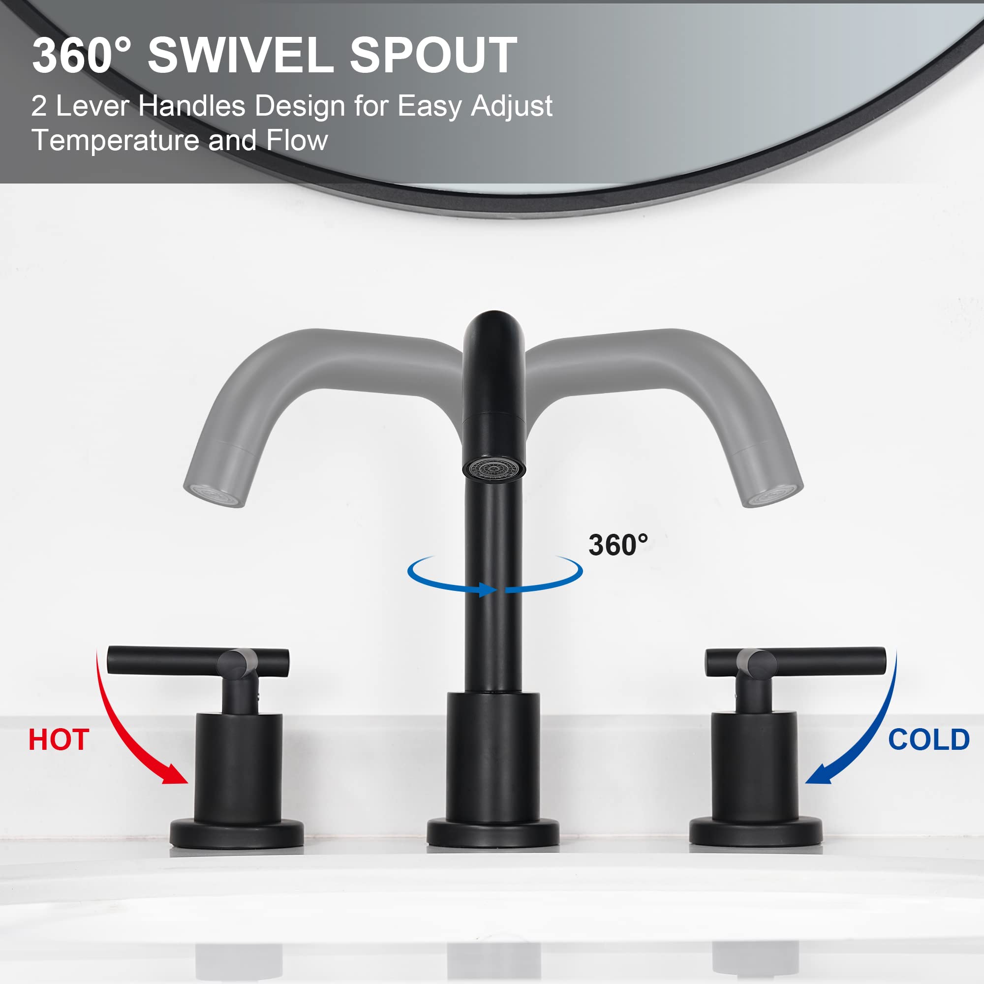 FROPO Black Bathroom Faucet 3 Holes - Two Handles Widespread 8 inch Bathroom Sink Faucet 3 Pieces Basin Faucets 360 Degree Swivel Spout Vanity Sink Faucet with Drain & Supply Hoses