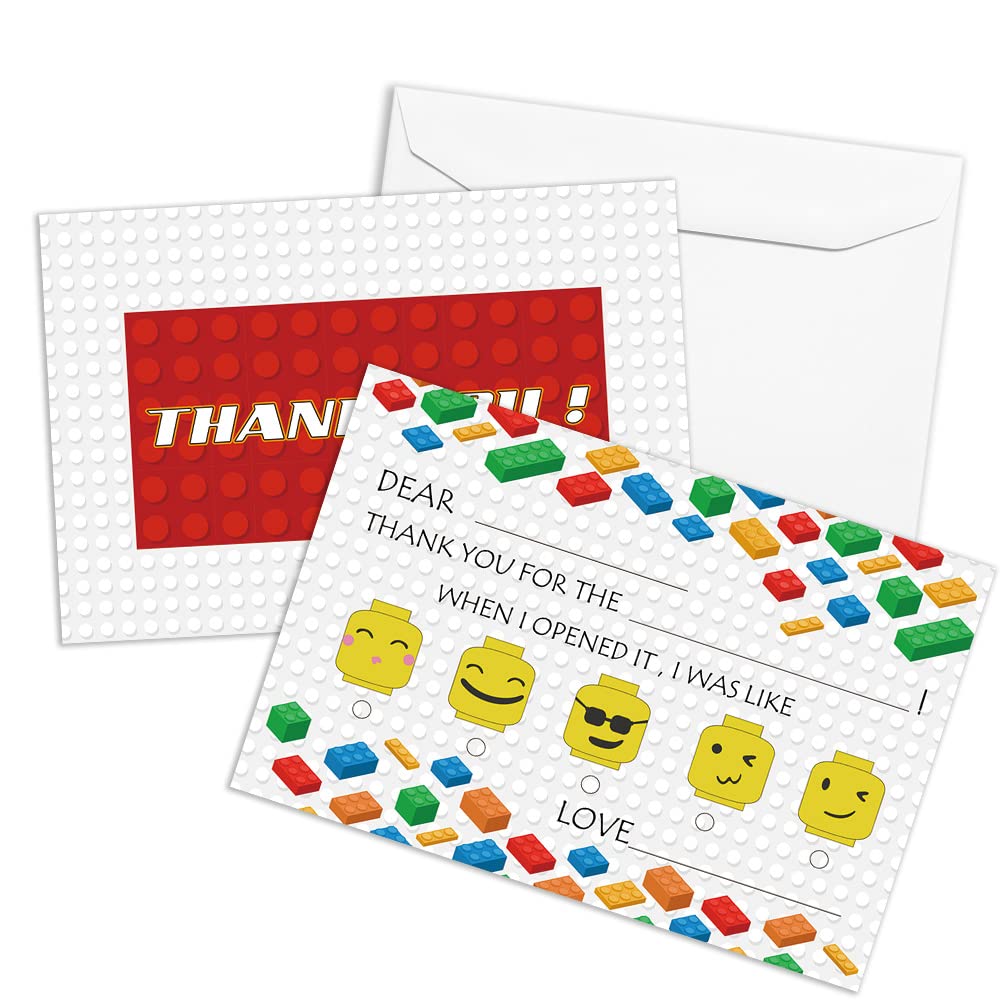 QOFO Building Blocks Fill in the Blank Thank You Cards,Thank You Notes,Gender Neutral Thank You Cards,For Boys Girls Birthday Party,Event,or Holiday Use,Thank You Notes with Envelopes Set of 25-GXK10