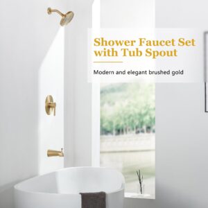 Tohlar Gold Shower Faucet Set with Tub Spout, Bathtub and Shower Faucet Combo Kit, 6-Inch Rain Shower Head and Faucet Set with Valve, Brushed Gold