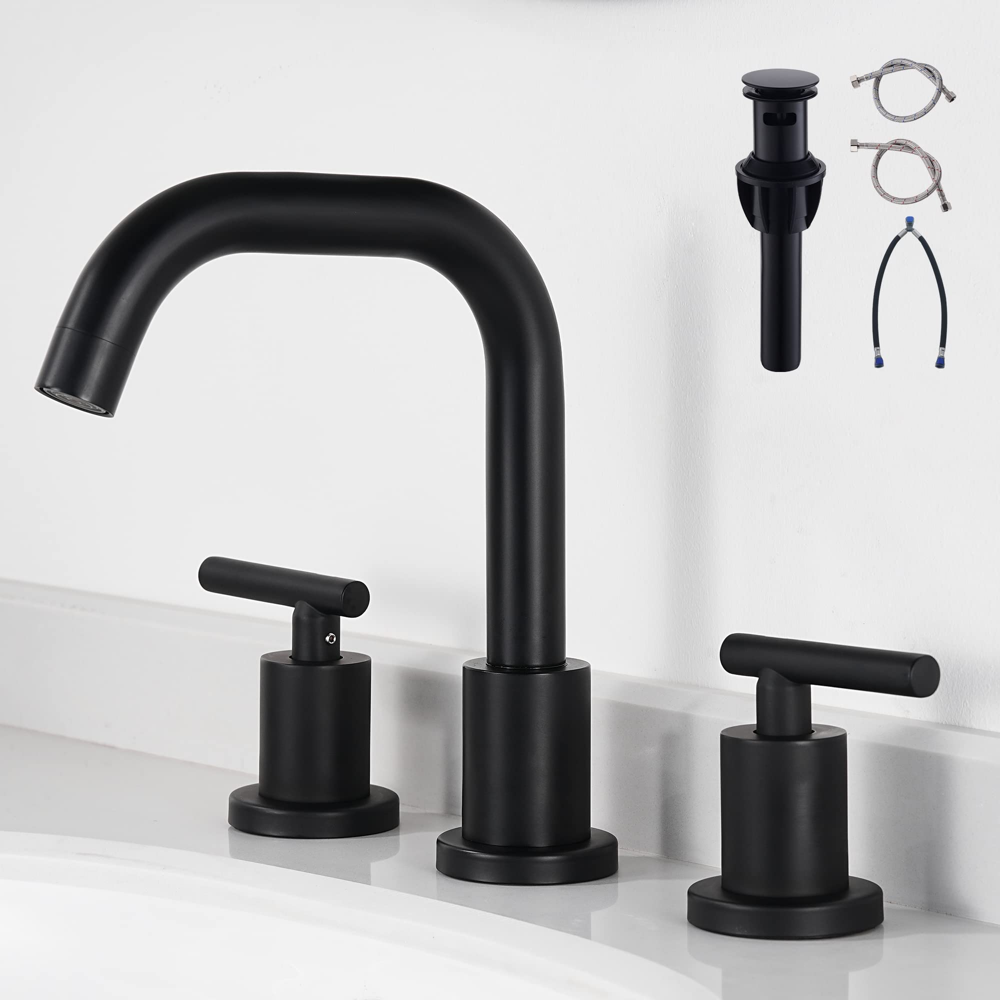 FROPO Black Bathroom Faucet 3 Holes - Two Handles Widespread 8 inch Bathroom Sink Faucet 3 Pieces Basin Faucets 360 Degree Swivel Spout Vanity Sink Faucet with Drain & Supply Hoses