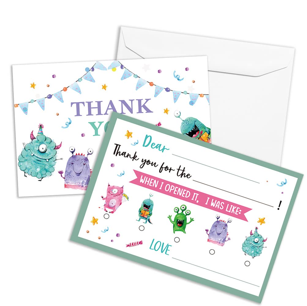 QOFO Cartoon Cell Fill in the Blank Thank You Cards,Bacteria Thank You Card,Gender Neutral Thank You Notes,For Boys Birthday Party,Event,or Holiday Use,Thank You Notes with Envelopes Set of 25-GXK13