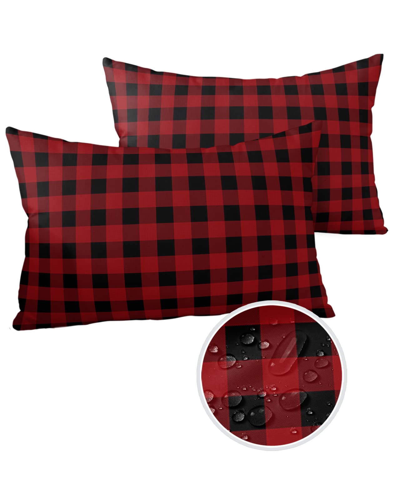 Sailground Outdoor Pillows, Red and Black Buffalo Check Plaid Pillow Covers 12x20, Outdoor Pillow Covers, Outdoor Pillows for Patio Furniture, 2Pack Throw Pillow Covers, Waterproof Throw Pillows