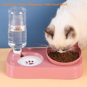 Pet Food Bowl and Water Bottle Set, Double Cat Dog Food Bowl with Automatic Gravity Water Dispenser Bottle, Detachable Tilted Raised Food Bowl for Small Medium Size Puppy Pet Dogs Cats (Pink)