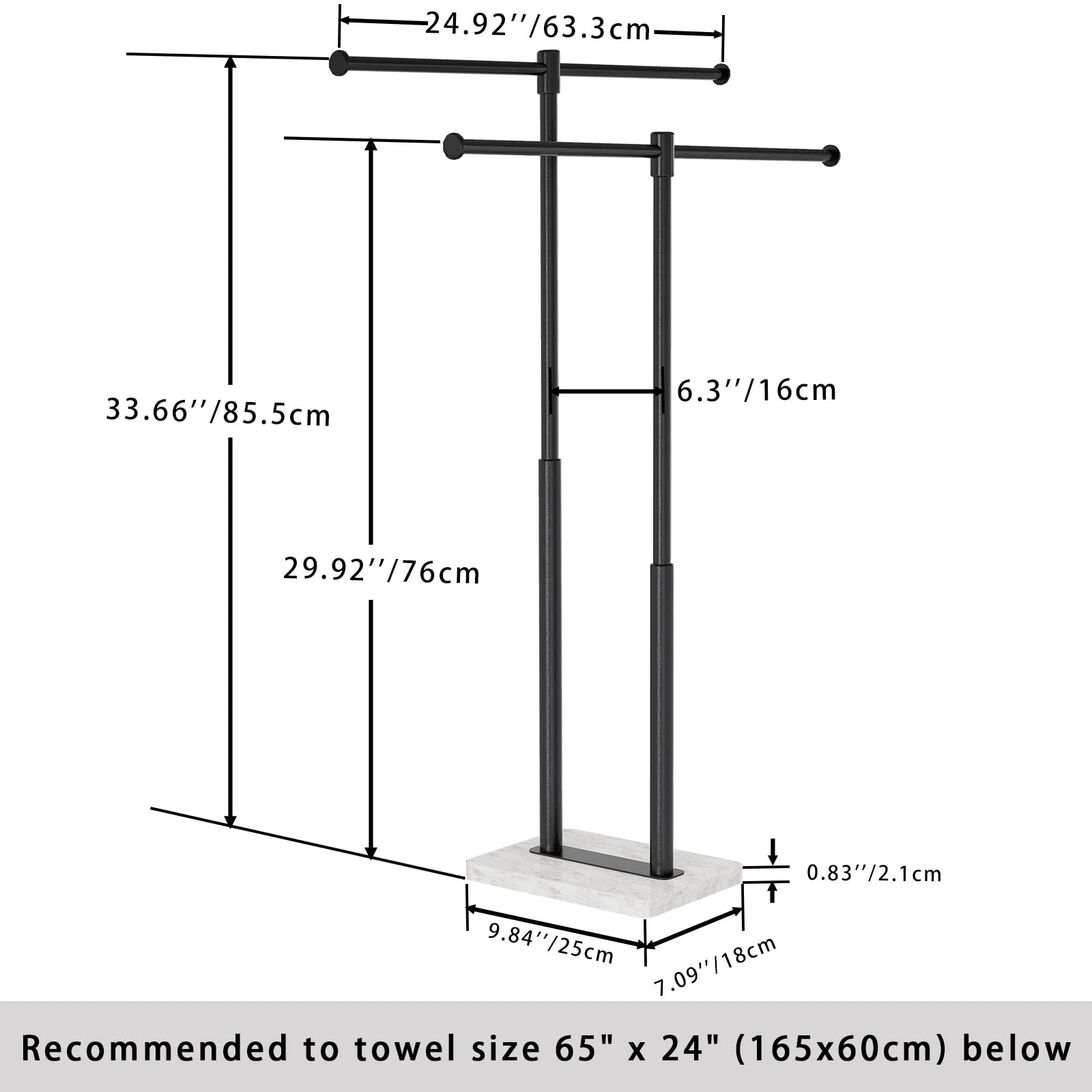 Standing Towel Rack, BETHOM Towel Racks for Bathroom Freestanding with Marble Base, 2-Tier Floor Towel Rack, Double-T Shape Free Standing Towel Rack for Bath Towels, Black