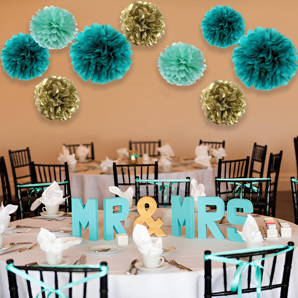 12PCS Teal Turquoise Aqua Gold Party Paper Flowers Streamers Pom Poms for Backdrop Birthday Wedding Baby Bridal Shower Bachelorette Christmas Nursery Wall Hanging Décor