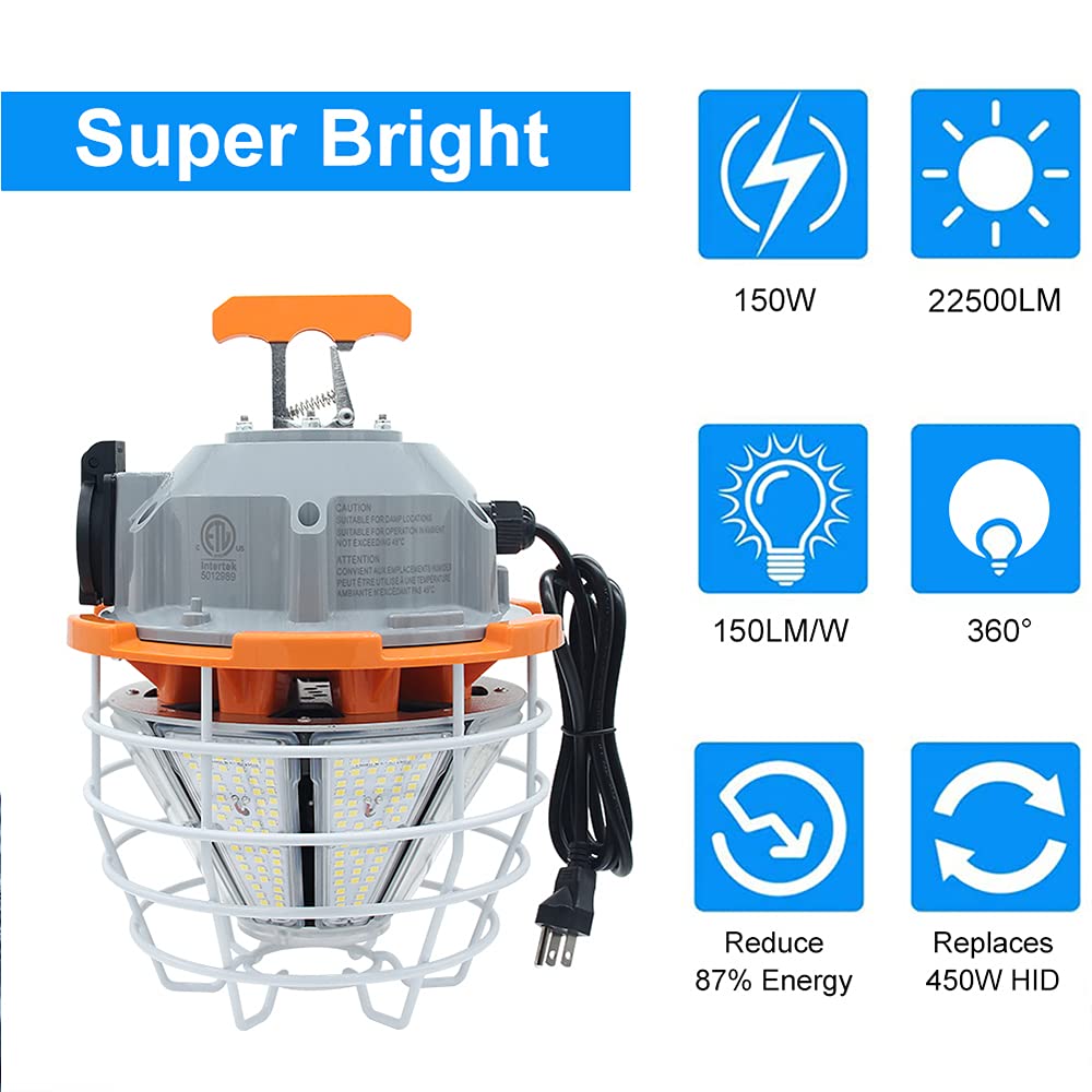 RIUVAO LED Temporary Work Light 110V-277V 150W 25000ML 5000K Linkable Construction Light Daylight White,Hanging for Job Site Waterproof IP64 Outdoor Warehouse High Bay